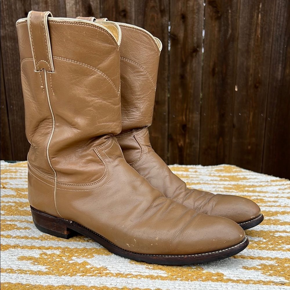 Justin Ropers Classic Tan Leather Cowboy Boots Goodyear Oil Resistant Sole Work - Picture 14 of 16